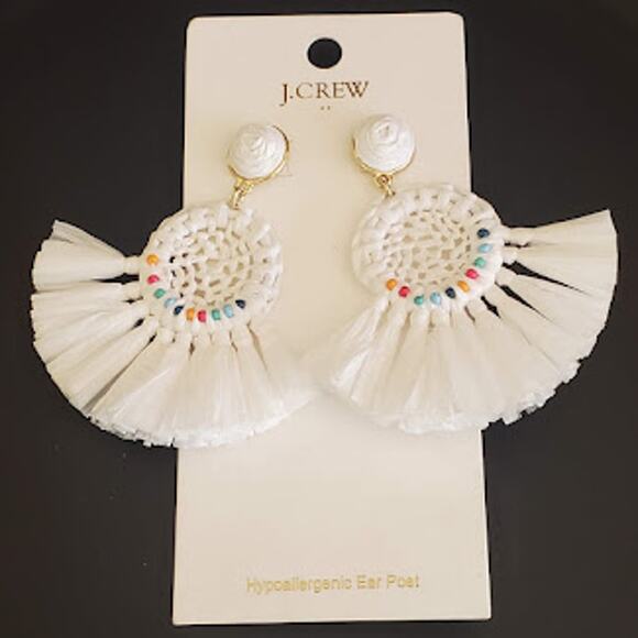 J. Crew Factory Raffia Fan Earrings White Multi-Colored Bead Accents Boho‎ NWT - Picture 7 of 7